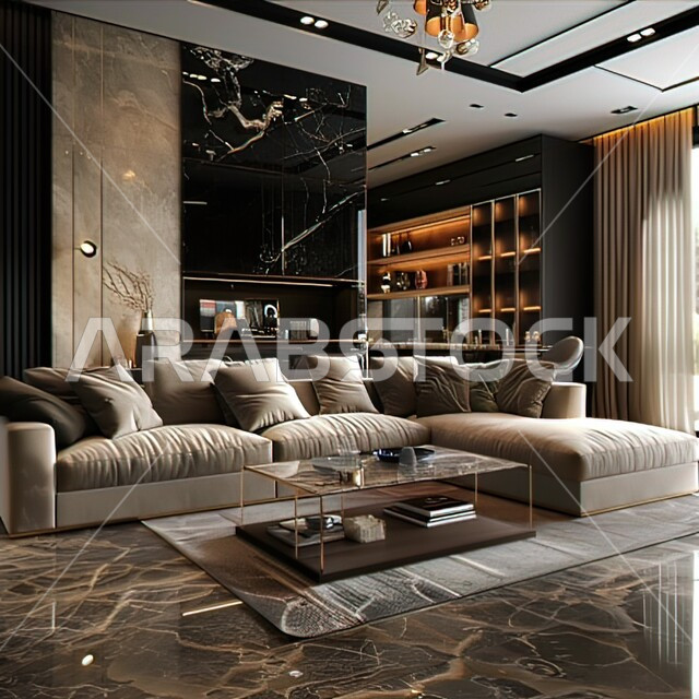 فن الهندسة المعمارية والديكور الداخلي في الفلل والشقق السكنية، التصاميم الداخلية لغرف الجلوس على الطراز الحديث، غرفة معيشة مع أثاث منزلي فاخر ومريح، تحف واكسسوارات فاخرة