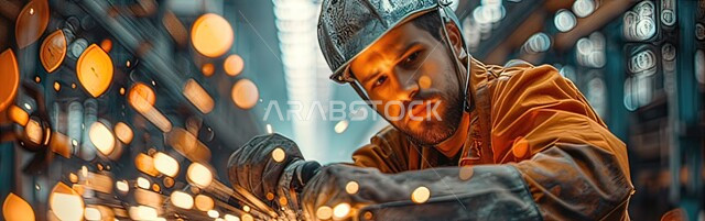 مصانع المعادن الخام، عمال ومهندسين في المملكة العربية السعودية، ارتداء خوذة الحمايه من الشرار المتناثر، صورة مقربة من الجانب لحداد عربي خليجي سعودي يقوم بلحام الحديد في المصنع