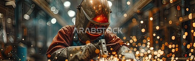 عمال ومهندسين في المملكة العربية السعودية، ارتداء قناع الحمايه من الشرار المتناثر، صورة مقربة من الجانب لحداد عربي خليجي سعودي يقوم بلحام الحديد في المصنع، مصانع المعادن الخام