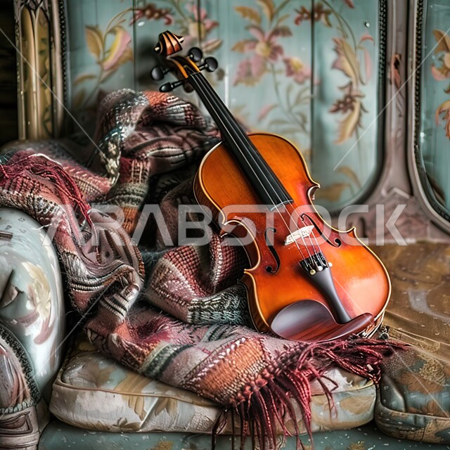 استخدام الآلات الوترية، صورة مقربة لآلة الكمان على اريكة داخل منزل قديم، التصاميم والديكورات الداخلية الراقية للمنازل في المملكة العربية السعودية