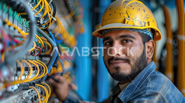 الايدي السعوديه العامله المنتجه، مهن ووظائف هندسية سعودية، صورة مقربة لمهندس عربي خليجي سعودي يرتدي قبعة الحماية يقوم بتشغيل الآلات والاجهزه الكهربائيه في المصانع الحديثه، جودة الصناعه والانتاج في المعامل، الاداره والاشراف على آلية التصنيع