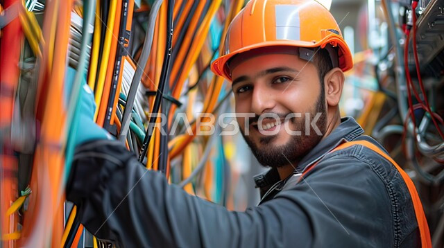 مهن ووظائف هندسية سعودية، صورة مقربة لمهندس عربي خليجي سعودي يرتدي قبعة الحماية يقوم بتشغيل الآلات والاجهزه الكهربائيه في المصانع الحديثه، الايدي السعوديه العامله المنتجه، جودة الصناعه والانتاج في المعامل، الاداره والاشراف على آلية التصنيع