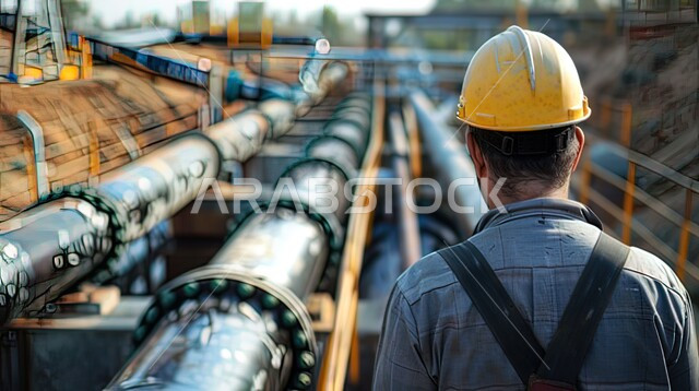 Quality of manufacturing and production in factories, productive Saudi labor, Saudi engineering professions and jobs, close-up photo from the back of a Saudi Arabian Gulf engineer wearing a safety hat operating machines and electrical devices in modern factories, management and supervision of the manufacturing mechanism