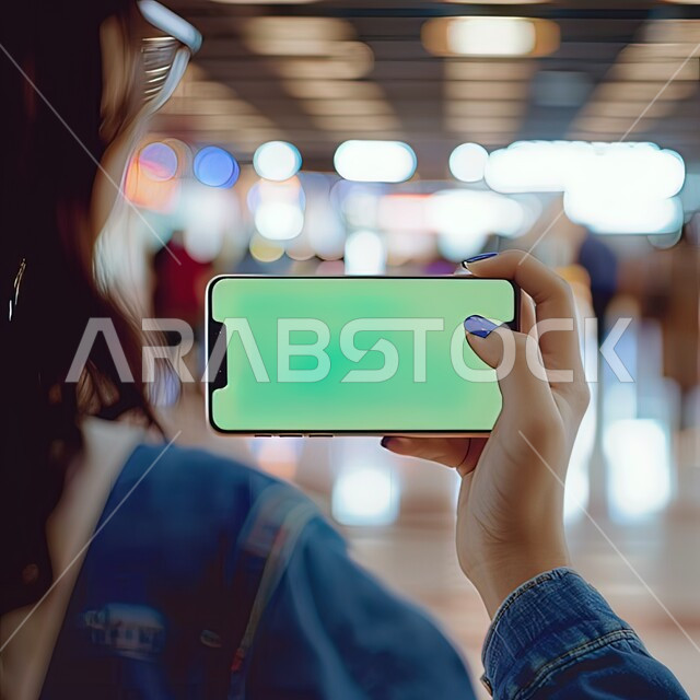 التقاط صور تذكارية باستخدام الهاتف المحمول، صورة مقربة من الخلف لإمرأة عربية خليجية سعودية تحمل بيدها هاتف بشاشة خضراء فارغة، عرض الخدمات والتطبيقات الحديثة للموبايل، كروما 