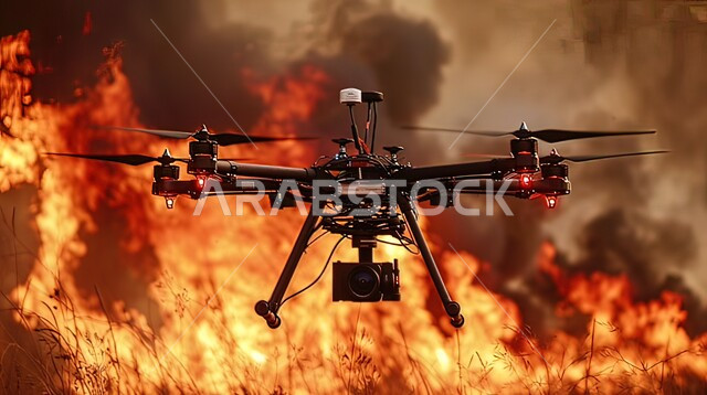 الحفاظ على السلامة والأمان، اطفاء النار باجهزه الكترونيه  حديثه، صورة مقربة لطائرة درون تقوم بتصوير موقع الحريق للمساعدة في إخماد النيران، التطور التقني والتكنولوجي في مجالات العمل 