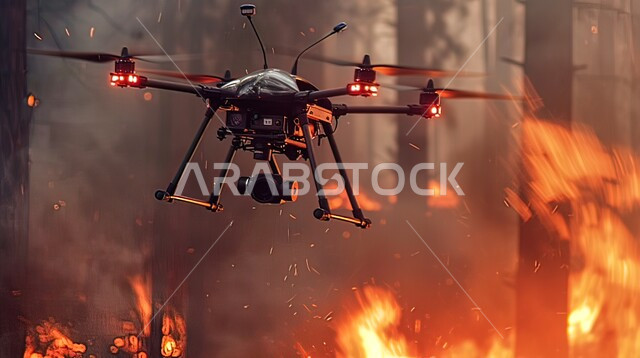 اطفاء النار بأجهزه الكترونيه  حديثه، صورة مقربة لطائرة درون تقوم بتصوير موقع الحريق للمساعدة في إخماد النيران، الحفاظ على السلامة والأمان، التطور التقني والتكنولوجي في مجالات العمل 