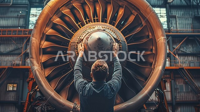 ورشات ومعامل الصيانة في المملكة العربية السعودية، أعمال الفحص والتشييك على أجزاء السيارة, صورة مقربة من الخلف لميكانيكي يقوم بإصلاح محرك توربو ضخم، مركز ميكانيك لفحص السيارات ومتابعة الصيانة الدورية