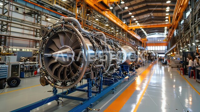 نموذج مراوح كهربائية للطائرات، تجميع قطع لمحرك متطور لطائرة مقاتلة في إحدى المصانع، آلات واجهزة حربية ضخمه، محرك توربيني حديث، تقدم التقنيه والتكنولوجيا، رؤيه سعوديه مستقبيله 2030