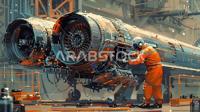محرك توربيني حديث، تقدم التقنيه والتكنولوجيا، نموذج مراوح كهربائية للطائرات، مهندس عربي خليجي سعودي يرتدي زي العمل يقوم بتجميع قطع لمحرك متطور لطائرة مقاتلة في إحدى المصانع، آلات واجهزة حربية ضخمه، رؤيه سعوديه مستقبيله 2030