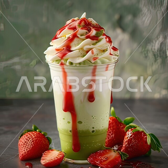 مشروبات فواكه موسمية منعشة، عصائر طبيعية باردة لذيذة، ثمار ومحاصيل زراعية وطنية محلية سعودية، كأس من عصير فاكهه الأفوكادو مع الفراولة الشهية والكريمة، مشاريب صحية ومفيدة ومغذية