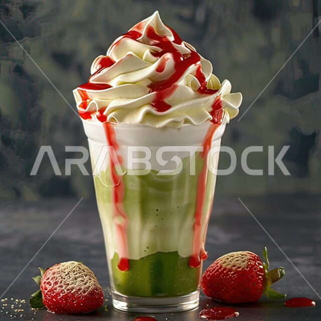 Delicious cold natural juices, refreshing seasonal fruit drinks, Saudi local national fruits and agricultural crops, a glass of avocado fruit juice with delicious strawberries and cream, healthy, beneficial and nutritious drinks