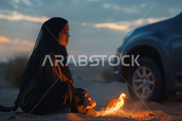The need to relax and meditate in the desert, feeling lonely and depressed, sitting in free time in desert areas, a veiled Saudi Arabian Gulf woman wearing a black abaya sitting on the ground in front of a flame of fire