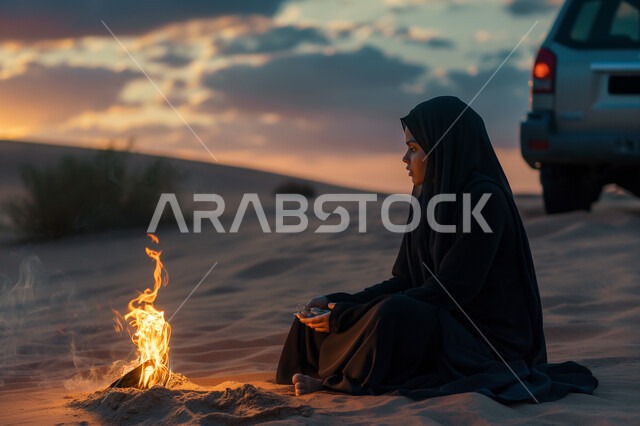 الاسترخاء والتأمل في الصحراء، الشعور بالوحدة والاكتئاب، الجلوس بأوقات الفراغ في المناطق الصحراوية, امرأة عربية خليجية سعودية محجبة ترتدي عباءة سوداء تجلس على الأرض أمام شعلة من النار