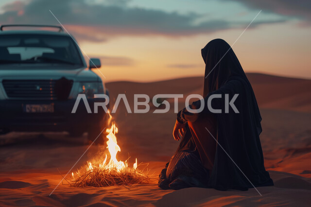 التأمل والاسترخاء في الصحراء، الشعور بالوحدة والاكتئاب، الجلوس بأوقات الفراغ في المناطق الصحراوية, امرأة عربية خليجية سعودية محجبة ترتدي عباءة سوداء تجلس على الأرض أمام شعلة من النار