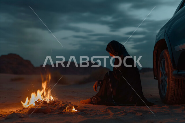 مشاعر الوحدة والاكتئاب، الجلوس بأوقات الفراغ في المناطق الصحراوية, الحاجة إلى التأمل والاسترخاء في الصحراء، امرأة عربية خليجية سعودية محجبة ترتدي عباءة سوداء تجلس على الأرض أمام شعلة من النار