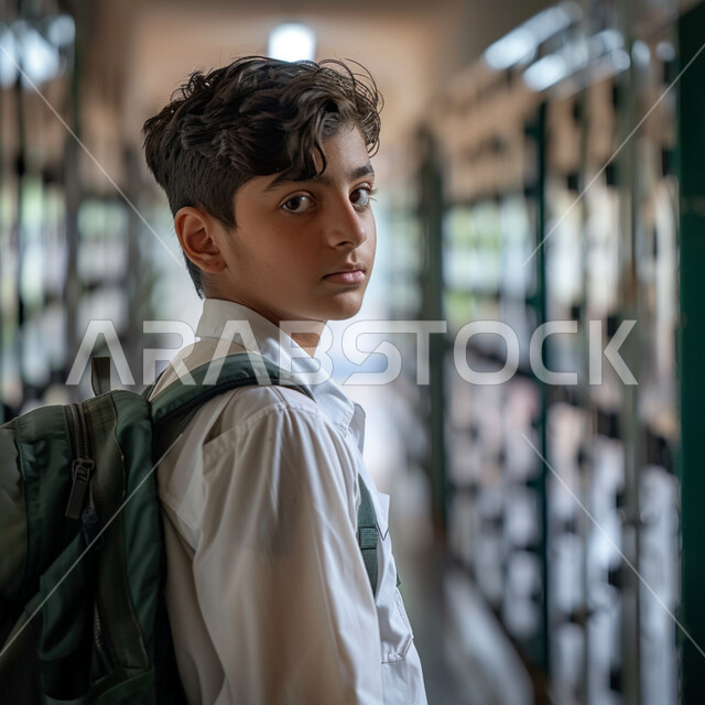 المدارس المتطوره والحديثه في السعوديه، صورة مقربة من الجانب لطالب عربي خليجي سعودي يرتدي الثوب التقليدي وحقيبة الظهر المدرسية يمشي في ممر بناء بالمدرسة، ايماءات السير والتوجه الى الفصل الدراسي