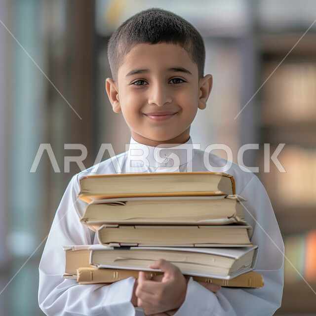 مراجعة الدروس اليومية، الثقافة والقراءة والإستطلاع، صورة مقربة لطالب عربي خليجي سعودي يرتدي الثوب التقليدي يحمل بيد مجموعة من الكتب، التعليم الدراسي في المملكة العربية السعودية