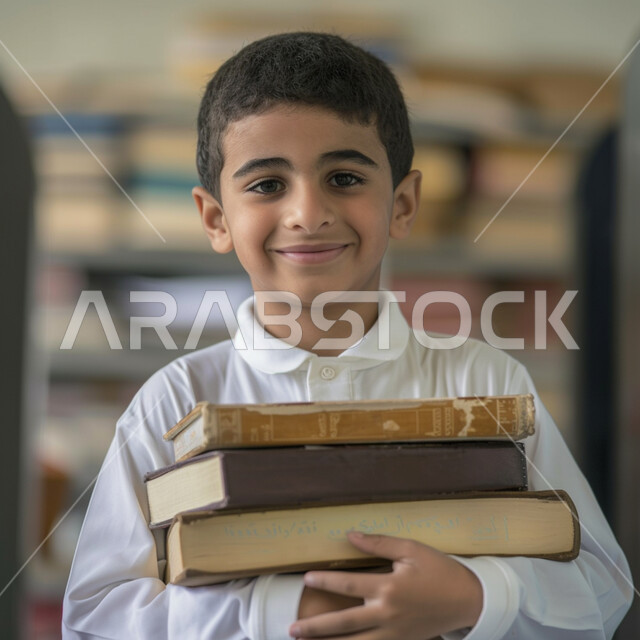 الثقافة والقراءة والإستطلاع، صورة مقربة لطالب عربي خليجي سعودي يرتدي الثوب التقليدي يحمل بيد مجموعة من الكتب، مراجعة الدروس اليومية، التعليم الدراسي في المملكة العربية السعودية