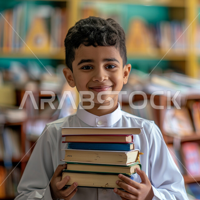 مراجعة الدروس اليومية، الثقافة والقراءة والإستطلاع، صورة مقربة لطالب عربي خليجي سعودي يرتدي الثوب التقليدي يحمل بيد مجموعة من الكتب، التعليم الدراسي في المملكة العربية السعودية