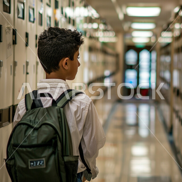 المدارس المتطوره والحديثه في السعوديه، صورة مقربة من الخلف لطالب عربي خليجي سعودي يرتدي الثوب التقليدي وحقيبة الظهر المدرسية يمشي في ممر بناء بالمدرسة، ايماءات السير والتوجه الى الفصل الدراسي