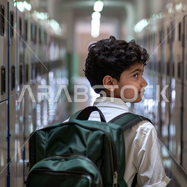 ايماءات السير والتوجه الى الفصل الدراسي، المدارس المتطوره والحديثه في السعوديه، صورة مقربة من الخلف لطالب عربي خليجي سعودي يرتدي الثوب التقليدي وحقيبة الظهر المدرسية يمشي في ممر بناء بالمدرسة