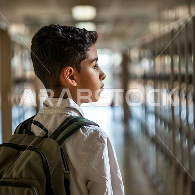 ايماءات السير والتوجه الى الفصل الدراسي، المدارس المتطوره والحديثه في السعوديه، صورة مقربة من الخلف لطالب عربي خليجي سعودي يرتدي الثوب التقليدي وحقيبة الظهر المدرسية يمشي في ممر بناء بالمدرسة