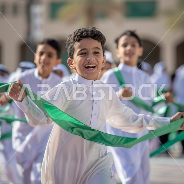 ايماءات الالبشاشة والسرور ببداية العام الدراسي الجديد، المدارس المتطوره والحديثه في السعوديه، مجموعة من الطلاب العرب الخليجيين السعوديين يرتدون الثوب التقليدي يركضون في باحة المدرسة