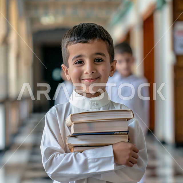 الثقافة والقراءة والإستطلاع، صورة مقربة لطالب عربي خليجي سعودي يرتدي الثوب التقليدي يحمل بيد مجموعة من الكتب، مراجعة الدروس اليومية، التعليم الدراسي في المملكة العربية السعودية