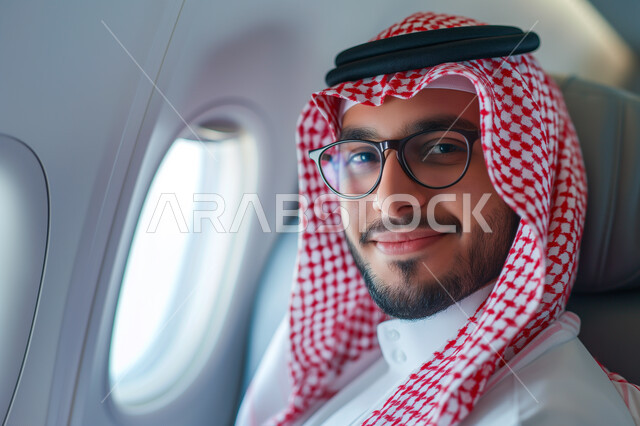 مفهوم السياحة والسفر، النظر الى الكاميرا بإيماءات السعادة والسرور، رحلات جوية سياحية, خطوط الطيران الجوية السعودية, صورة مقربة من الجانب لرجل عربي سعودي خليجي يجلس في مقصورة الطائرة يرتدي الثوب والشماغ التقليدي