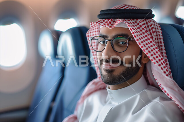النظر الى الكاميرا بإيماءات السعادة والسرور، مفهوم السياحة والسفر، رحلات جوية سياحية, خطوط الطيران الجوية السعودية, صورة مقربة من الجانب لرجل عربي سعودي خليجي يجلس في مقصورة الطائرة يرتدي الثوب والشماغ التقليدي