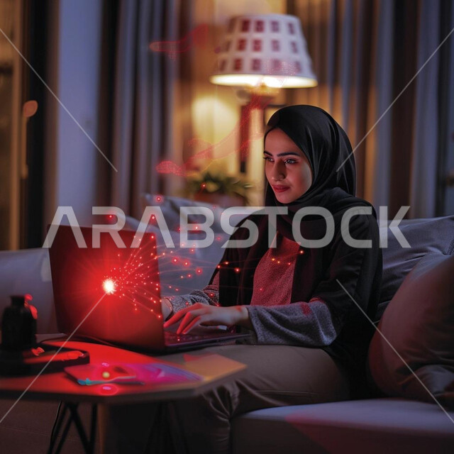 مهن ووظائف نسائية، إدارة وتنظيم الأعمال عن بعد، امرأة عربية خليجية سعودية محجبة تقوم باستخدام جهاز الحاسوب المحمول، دمج الاجهزة التقنية الحديثة في العمل، ايقونات هيلوغرامية حمراء متطايرة