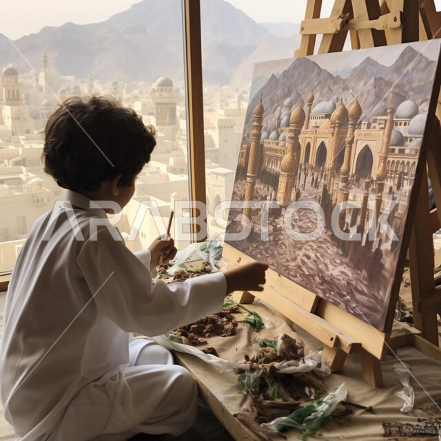 ممارسة الرسم والفنون اليدوية، استخدام ادوات ومعدات التلوين، صورة من الجانب لولد عربي خليجي سعودي يرتدي الثوب التقليدي يقوم برسم لوحة لمعالم المملكة العربية السعودي