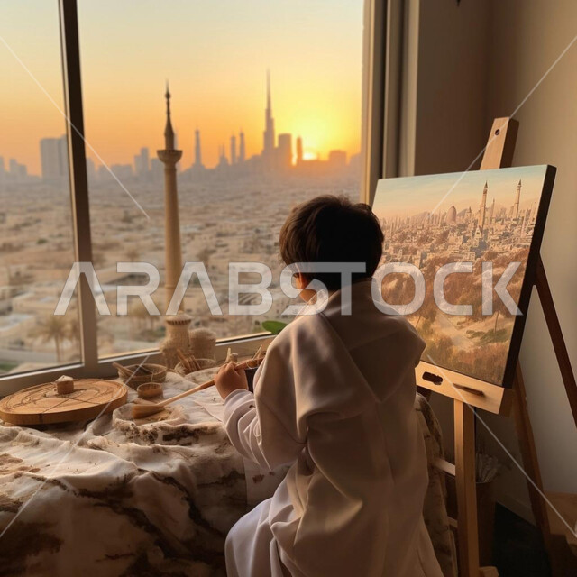 Using coloring tools and equipment, practicing drawing and handicrafts, a picture from the back of a Saudi Arabian Gulf boy wearing traditional dress drawing a painting of the landmarks of the Kingdom of Saudi Arabia
