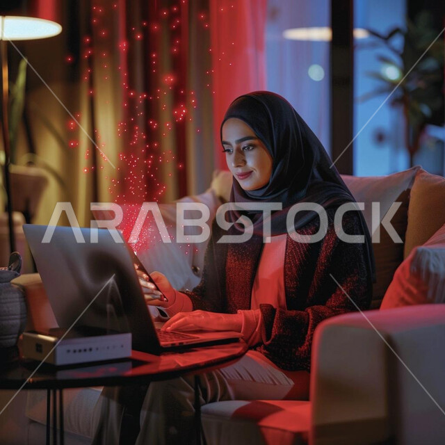 دمج الاجهزة التقنية الحديثة في العمل، مهن ووظائف نسائية، إدارة وتنظيم الأعمال عن بعد، امرأة عربية خليجية سعودية محجبة تحمل بيدها الهاتف المحمول تقوم باستخدام اللابتوب، ايقونات هيلوغرامية حمراء متطايرة