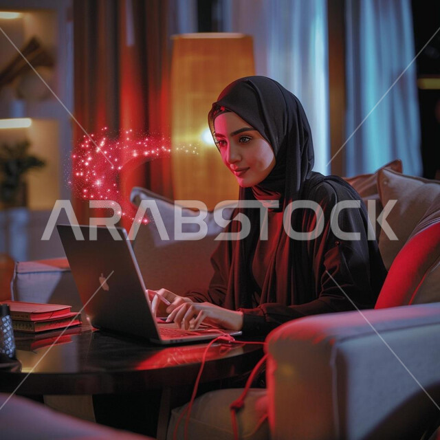 مهن ووظائف نسائية، إدارة وتنظيم الأعمال عن بعد، امرأة عربية خليجية سعودية محجبة تقوم باستخدام جهاز الحاسوب المحمول، دمج الاجهزة التقنية الحديثة في العمل، ايقونات هيلوغرامية حمراء متطايرة