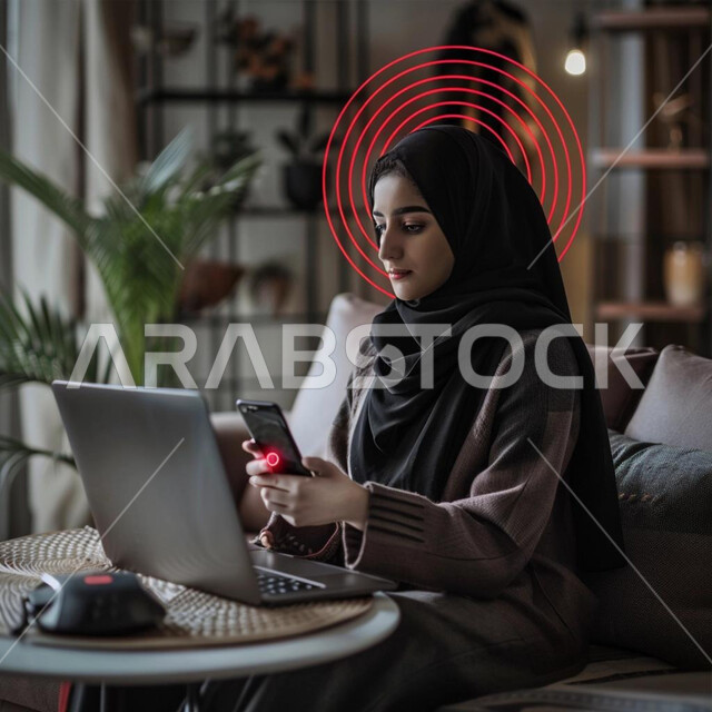 ايماءات التركيز والاندماج، ايقونات هيلوغرامية حمراء متطايرة، دمج الاجهزة التقنية الحديثة في العمل، مهن ووظائف نسائية، إدارة وتنظيم الأعمال عن بعد، امرأة عربية خليجية سعودية محجبة تحمل بيدها الهاتف المحمول تقوم باستخدام اللابتوب