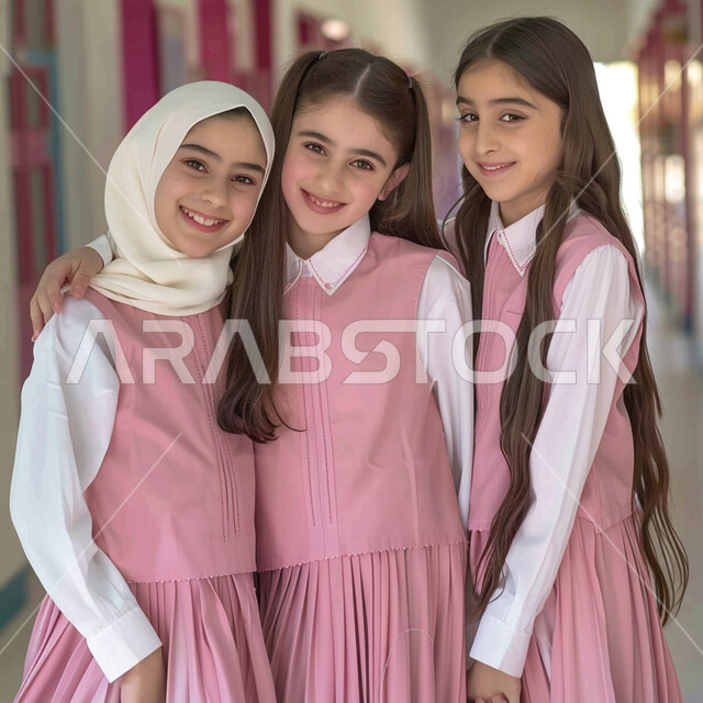 الاستعداد والتجهز للذهاب الى المدرسة، استقبال العام الدراسي الجديد بحماس، التعليم في المملكة العربية السعودية، صورة مقربة لمجموعة من الطالبات العرب الخليجيات السعوديات المبتسمين يحملون حقيبة الظهر المدرسية ينظرون الى الكاميرا بتعابير السرور والسعادة