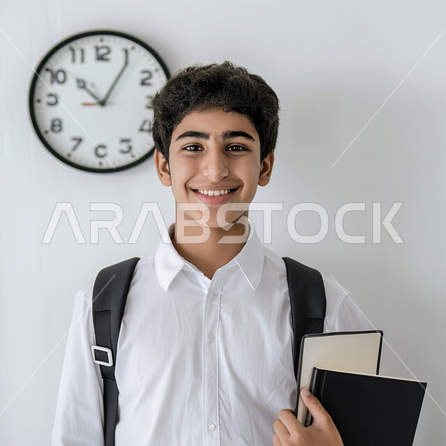 التعليم الدراسي في المملكة العربية السعودية، الثقافة والقراءة والإستطلاع، مراجعة الدروس اليومية، بورتريه مقرب لطالب عربي خليجي سعودي يرتدي الثوب التقليدي يحمل بيد مجموعة من الاوراق، خلفية بيضاء