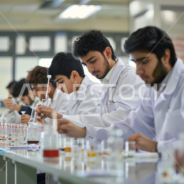 إجراء تجارب وبحوث علمية عبر التكنولوجيا الحيوية، مختبرات الفحوصات الطبية والتحاليل الكيمائية، استعمال الأنابيب الزجاجية المعقمة لتحليل العينات المختلفة، صورة مقربة لطالب عربي خليجي سعودي يرتدي المعطف الطبي