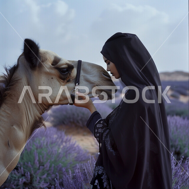 ارتباط تربية الإبل بالعراقة والأصالة، الاناقة والاهتمام بالمظهر الخارجي، صورة مقربة لامرأة عربية خليجية سعودية محجبة تقترب من حيوان الجمل الأشقر وتضع يدها على وجهه، ناقة عربية أصيلة، خلفية حقل من الورود البنفسجية الجميلة
