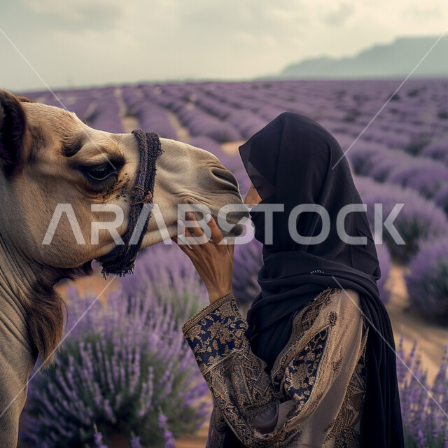 الاناقة والاهتمام بالمظهر الخارجي، ارتباط تربية الإبل بالعراقة والأصالة، صورة مقربة لامرأة عربية خليجية سعودية محجبة تقترب من حيوان الجمل الأشقر وتضع يدها على وجهه، ناقة عربية أصيلة، خلفية حقل من الورود البنفسجية الجميلة