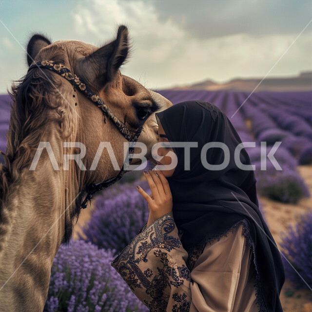 الاناقة والاهتمام بالمظهر الخارجي، ارتباط تربية الإبل بالعراقة والأصالة، صورة مقربة لامرأة عربية خليجية سعودية محجبة تقترب من حيوان الجمل الأشقر وتضع يدها على وجهه، ناقة عربية أصيلة، خلفية حقل من الورود البنفسجية الجميلة