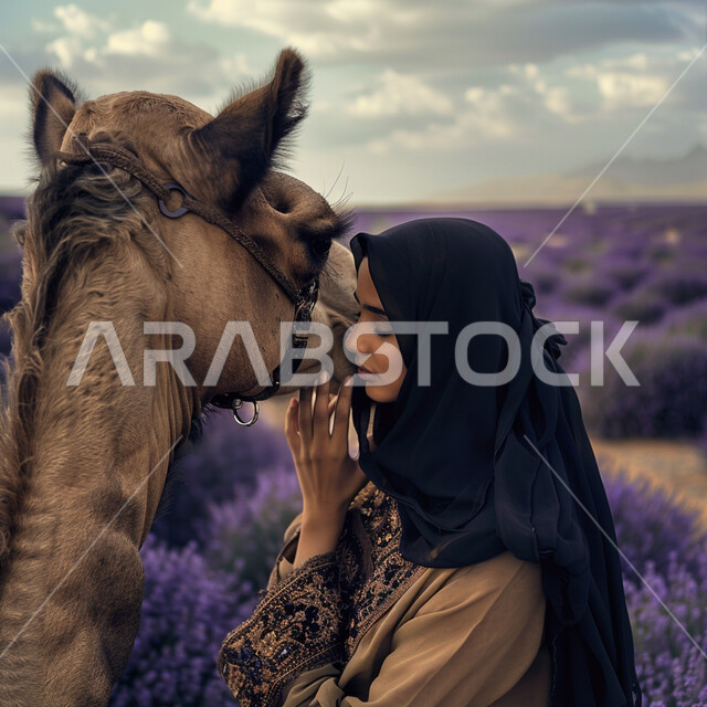 ارتباط تربية الإبل بالعراقة والأصالة، الاناقة والاهتمام بالمظهر الخارجي، صورة مقربة لامرأة عربية خليجية سعودية محجبة تقترب من حيوان الجمل الأشقر وتضع يدها على وجهه، ناقة عربية أصيلة، خلفية حقل من الورود البنفسجية الجميلة