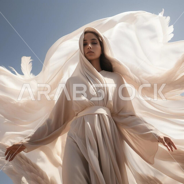 The concept of softness and femininity, interest in elegance and appearance, modern, contemporary veiled fashion, a smiling Saudi Arabian Gulf woman wearing the veil