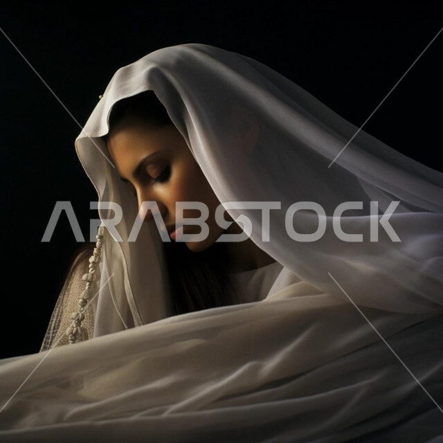 Modern and contemporary veiled fashion, interest in elegance and appearance, concept of softness and femininity, close-up portrait of a smiling Saudi Arabian Gulf woman wearing the veil, closing her eyes with sleepy gestures and expressions, black background