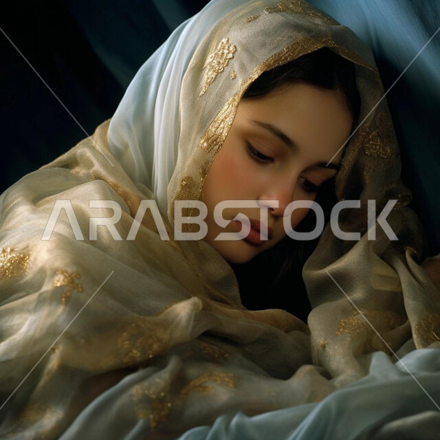 Modern and contemporary veiled fashion, interest in elegance and appearance, concept of softness and femininity, close-up portrait of a smiling Saudi Arabian Gulf woman wearing the veil, closing her eyes with sleepy gestures and expressions, black background