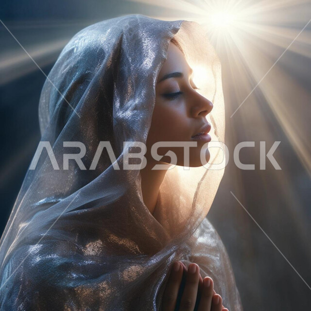 The concept of softness and femininity, interest in elegance and appearance, modern and contemporary veiled fashion, close-up portrait of a smiling Saudi Arabian Gulf woman wearing the hijab, closing her eyes with sleepy gestures and expressions, black background