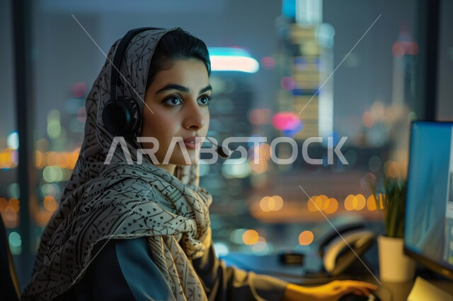 استخدام التقنيات الحديثة، صورة مقربة لموظفة عربية خليجية سعودية محجبة تعمل في خدمة العملاء ترتدي سماعة الاتصال تستخدم الحاسوب المحمول، مفهوم الاستعلامات والاستفسارات، الاجابه على اسئلة العملاء، متابعة وتطوير العمل