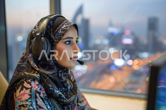 استخدام التقنيات الحديثة، صورة مقربة لموظفة عربية خليجية سعودية محجبة تعمل في خدمة العملاء ترتدي سماعة الاتصال تستخدم الحاسوب المحمول، مفهوم الاستعلامات والاستفسارات، الاجابه على اسئلة العملاء، متابعة وتطوير العمل
