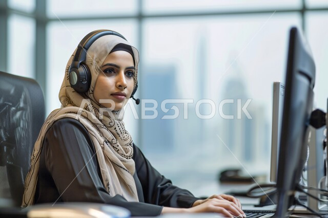 استخدام التقنيات الحديثة، صورة مقربة لموظفة عربية خليجية سعودية محجبة تعمل في خدمة العملاء ترتدي سماعة الاتصال تستخدم الحاسوب المحمول، مفهوم الاستعلامات والاستفسارات، الاجابه على اسئلة العملاء، متابعة وتطوير العمل